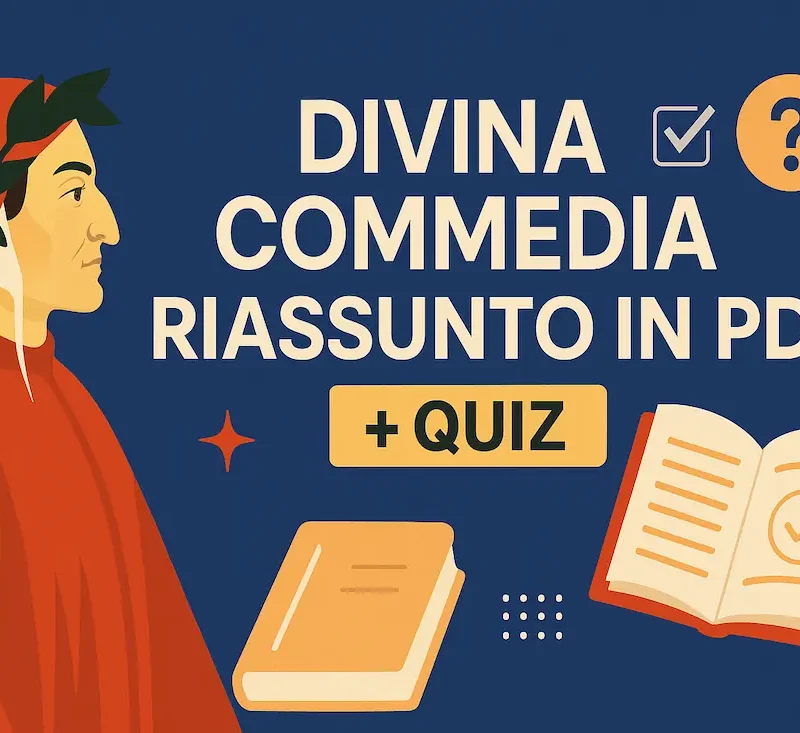 Copertina che mostra la Divina Commedia esplicitando il Riassunto in PDF e il Quiz