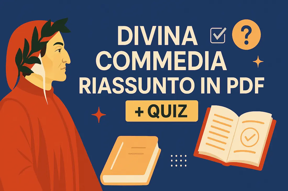 Copertina che mostra la Divina Commedia esplicitando il Riassunto in PDF e il Quiz