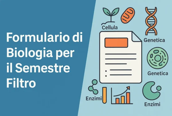 Copertina del formulario di Biologia per il semestre filtro con icone di cellula, DNA, mitocondrio ed enzimi, pensata per studenti di Medicina del semestre filtro.