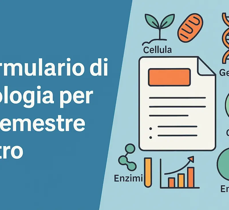 Copertina del formulario di Biologia per il semestre filtro con icone di cellula, DNA, mitocondrio ed enzimi, pensata per studenti di Medicina del semestre filtro.