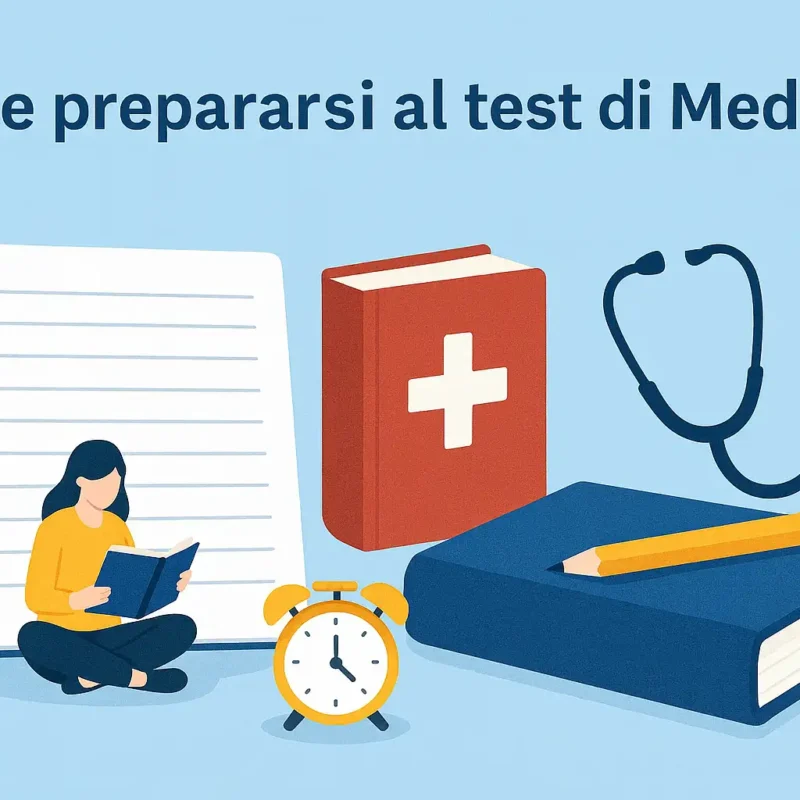 Studente che si prepara al test di Medicina con libri, quaderni e simboli medici – illustrazione per guida su semestre filtro e università private