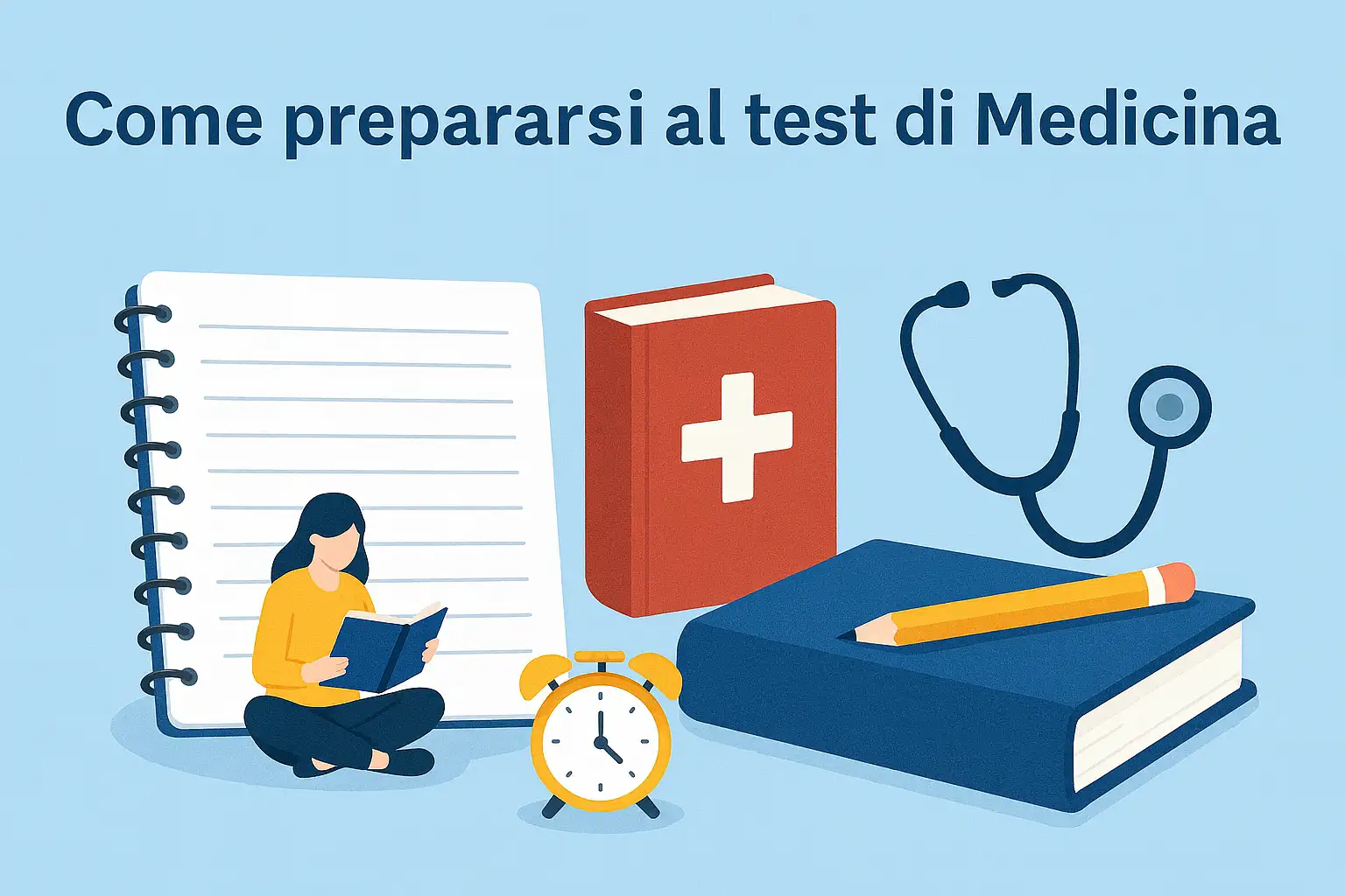 Studente che si prepara al test di Medicina con libri, quaderni e simboli medici – illustrazione per guida su semestre filtro e università private
