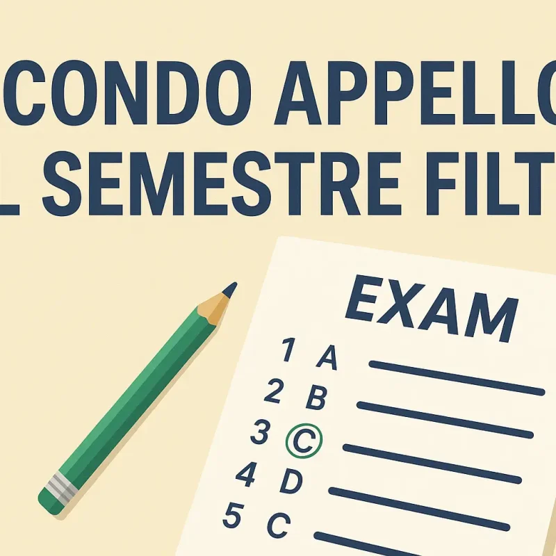 Copertina per articolo sul secondo appello del semestre filtro, con titolo in evidenza e grafica di scheda d’esame e matita.