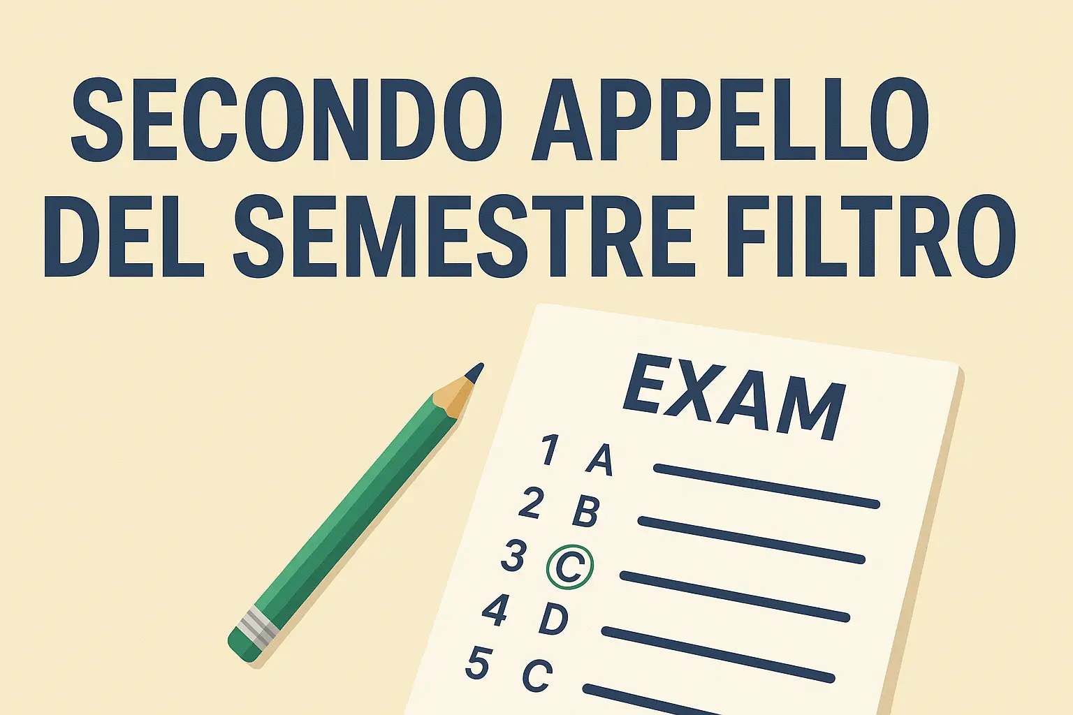 Copertina per articolo sul secondo appello del semestre filtro, con titolo in evidenza e grafica di scheda d’esame e matita.