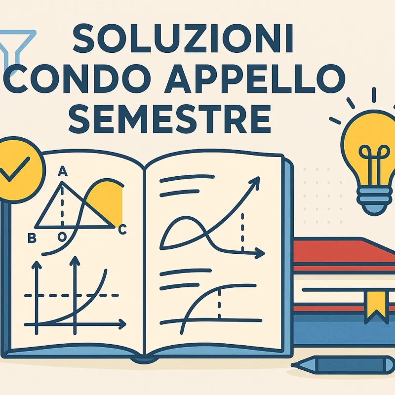 Copertina per le soluzioni del secondo appello del semestre filtro di Medicina, con illustrazione di libro aperto, grafici e icone educative in stile Futura.