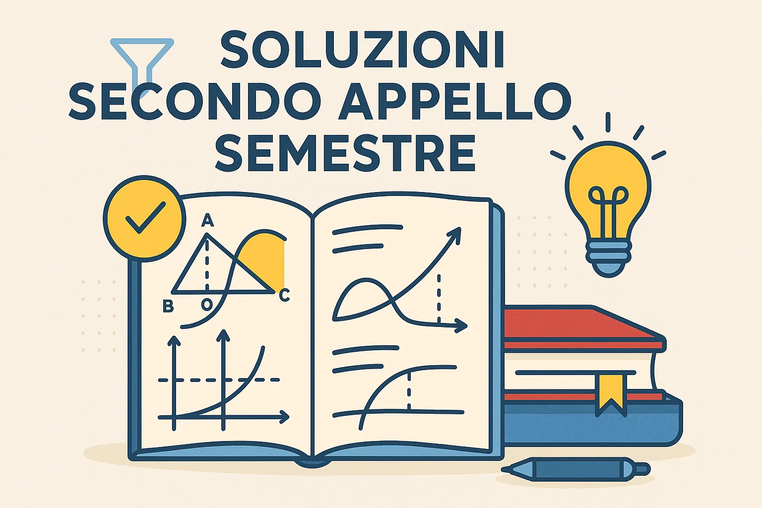 Copertina per le soluzioni del secondo appello del semestre filtro di Medicina, con illustrazione di libro aperto, grafici e icone educative in stile Futura.
