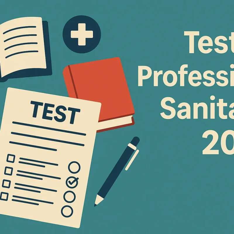 Illustrazione digitale sul tema della preparazione al Test di Professioni Sanitarie, con studenti, libri e elementi educativi