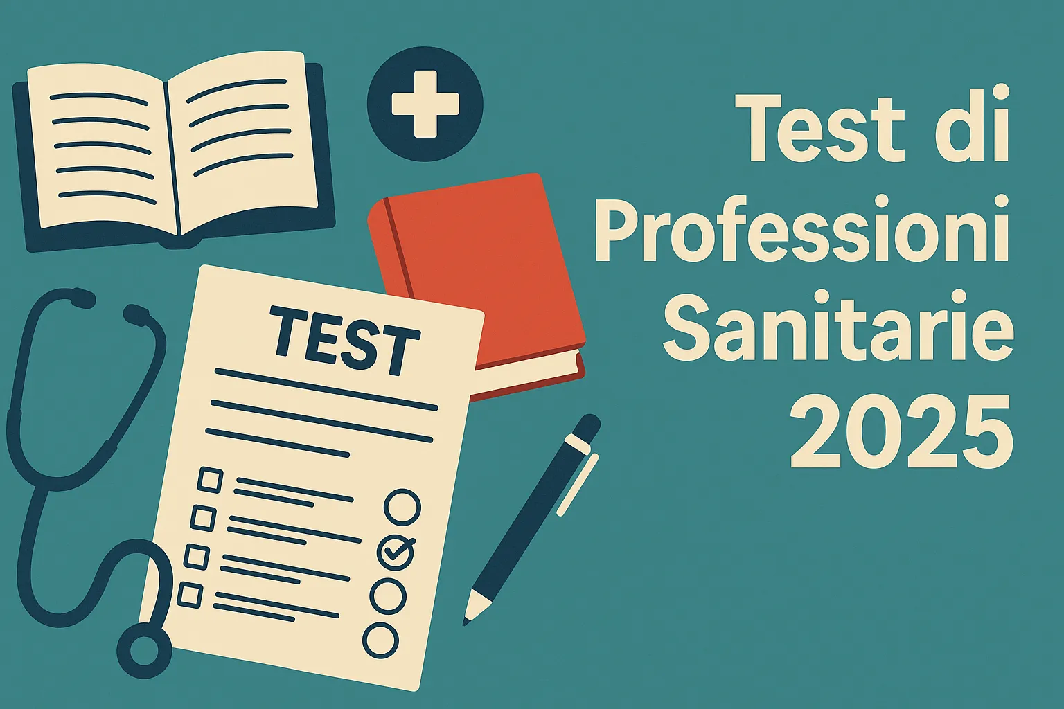 Illustrazione digitale sul tema della preparazione al Test di Professioni Sanitarie, con studenti, libri e elementi educativi