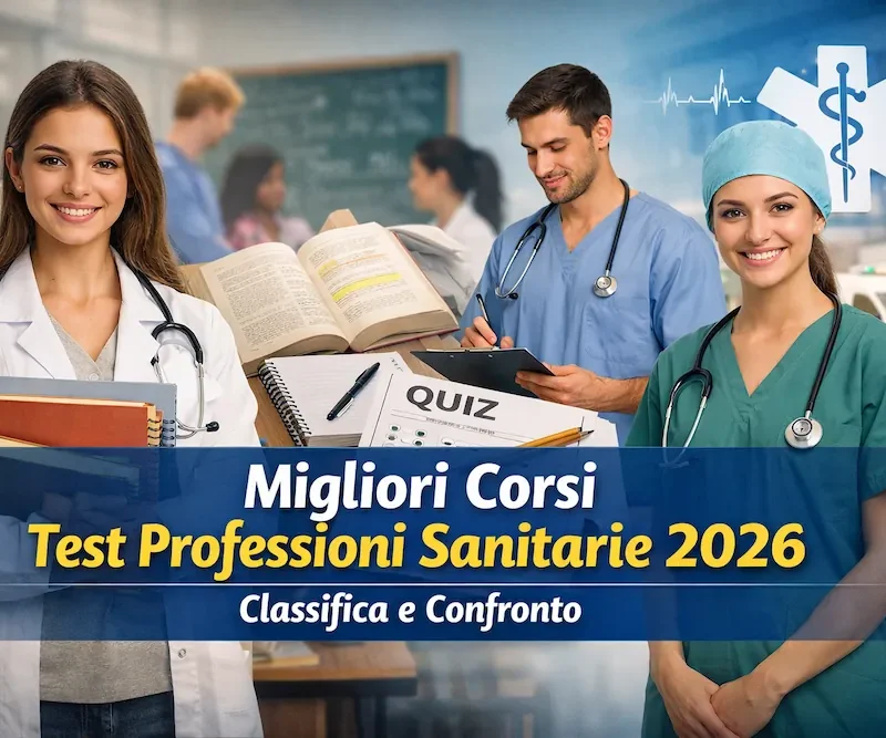 Studenti e professionisti sanitari con libri, quiz e strumenti medici a rappresentare la preparazione ai migliori corsi per il Test di Professioni Sanitarie 2026.
