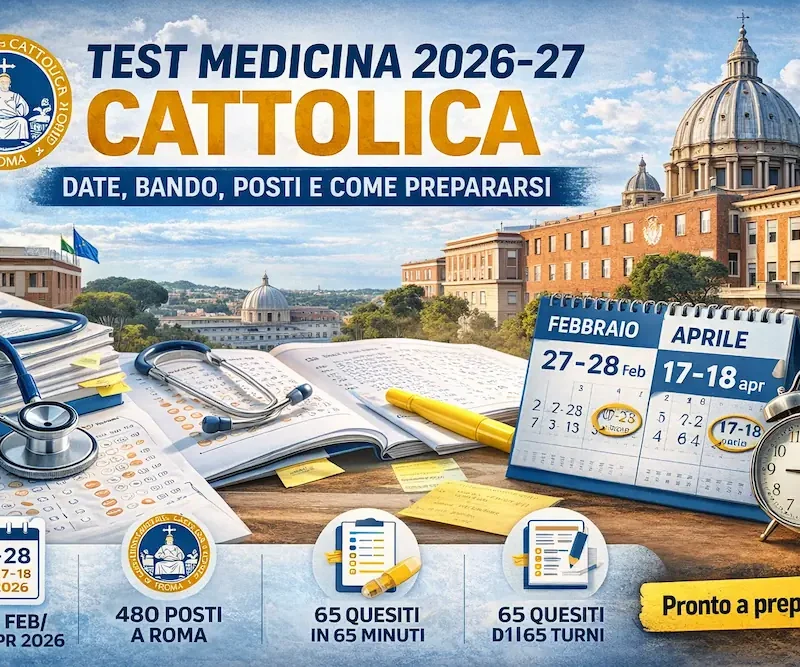 copertina per l'articolo su Test Medicina 2026-27 in università Cattolica rappresnetante il calendario con le date di inizio deic orsi davanti alla sede romana