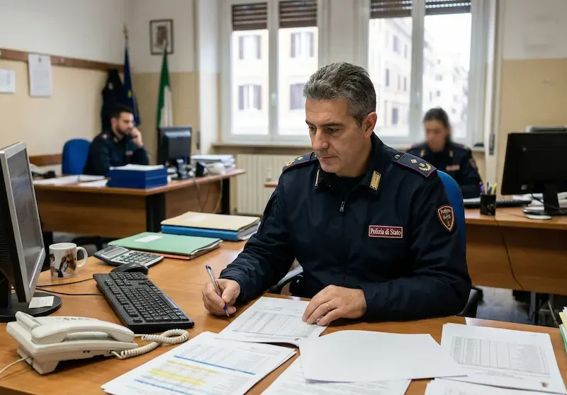 immagine di copertina per l'articolo sullo stipendio nella polizia di stato 2026 raffigurante un poliziotto in ufficio intento a lavorare al computer