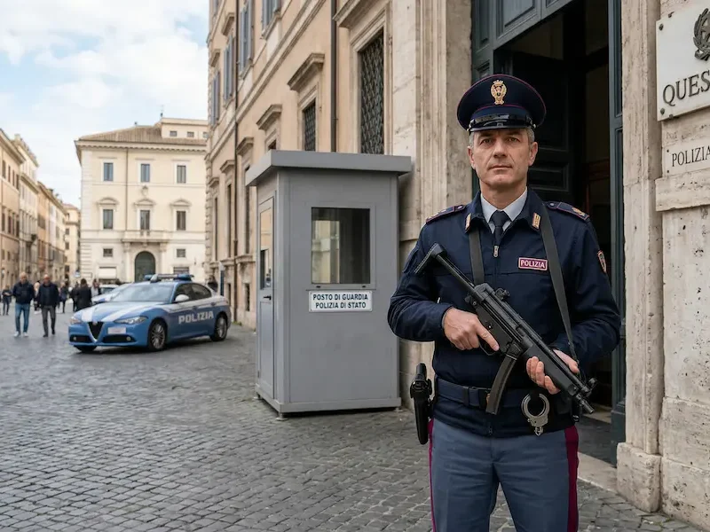 immagine di copertina per l'articolo su come entrare nella polizia di stato nel 2026 rappresentante un poliziotto di guardia alla questura