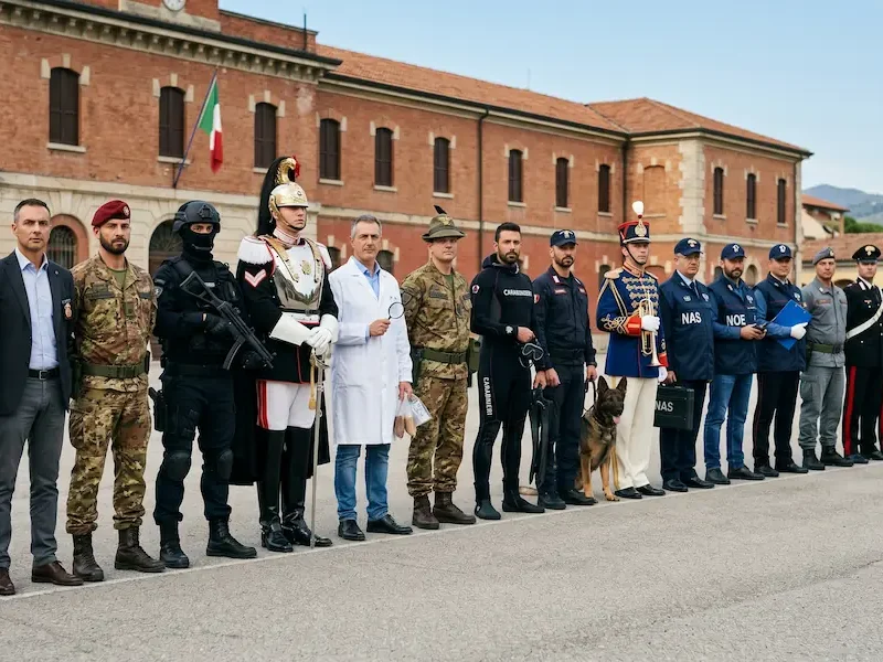 immagine di copertina per l'articolo su tutti i reparti dei carabinieri rappresentante un appartenente ad ogni corpo, messi uno affianco all'altro davanti ad una caserma