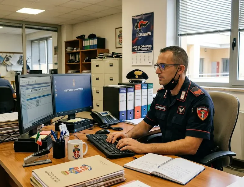 immagine di copertina per l'articolo sugli stipendi dei carabinieri nel 2026, rappresentante un carabiniere che lavora al computer in ufficio