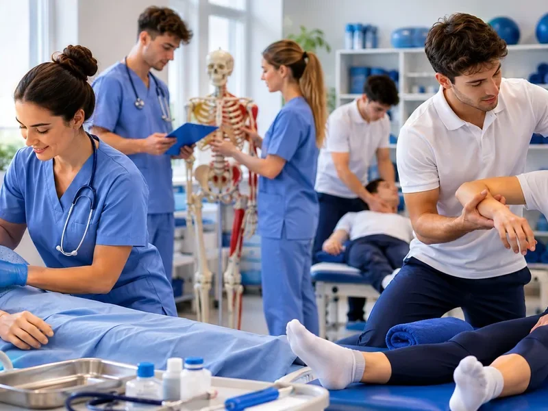 Esercitazioni pratiche per il test di professioni sanitarie: studenti di infermieristica e fisioterapia in laboratorio