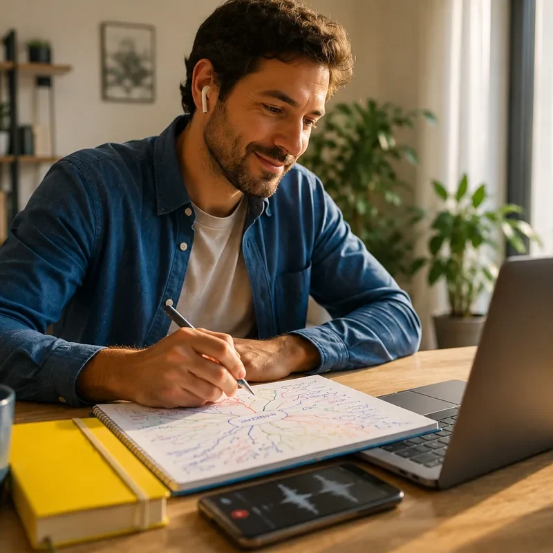 Adulto con DSA studia da casa con auricolari, mappa a rami sul quaderno e note vocali sullo smartphone