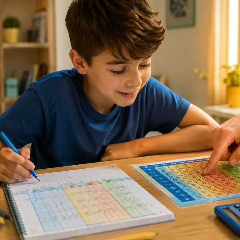 Bambino con discalculia usa tavola pitagorica e calcolatrice per i compiti di matematica