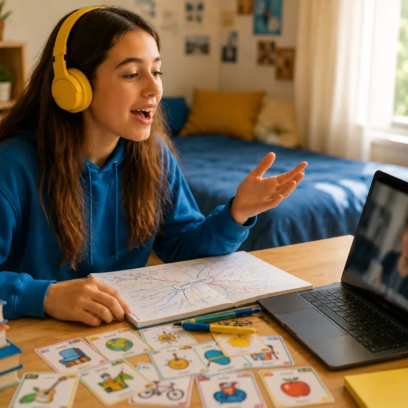 Studentessa con cuffie ripete inglese ad alta voce durante una lezione online, con flashcard illustrate e mappa sul quaderno