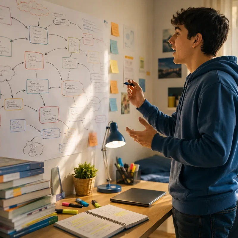 Studente delle superiori ripete per la maturità dalla mappa concettuale appesa alla parete della sua stanza