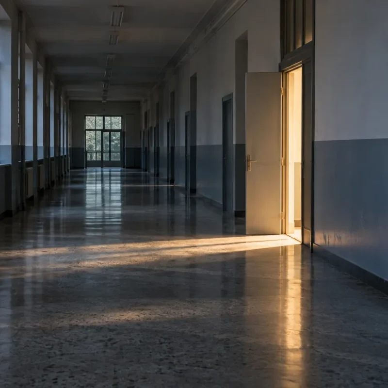 Corridoio di scuola con una porta chiusa e una porta aperta illuminata