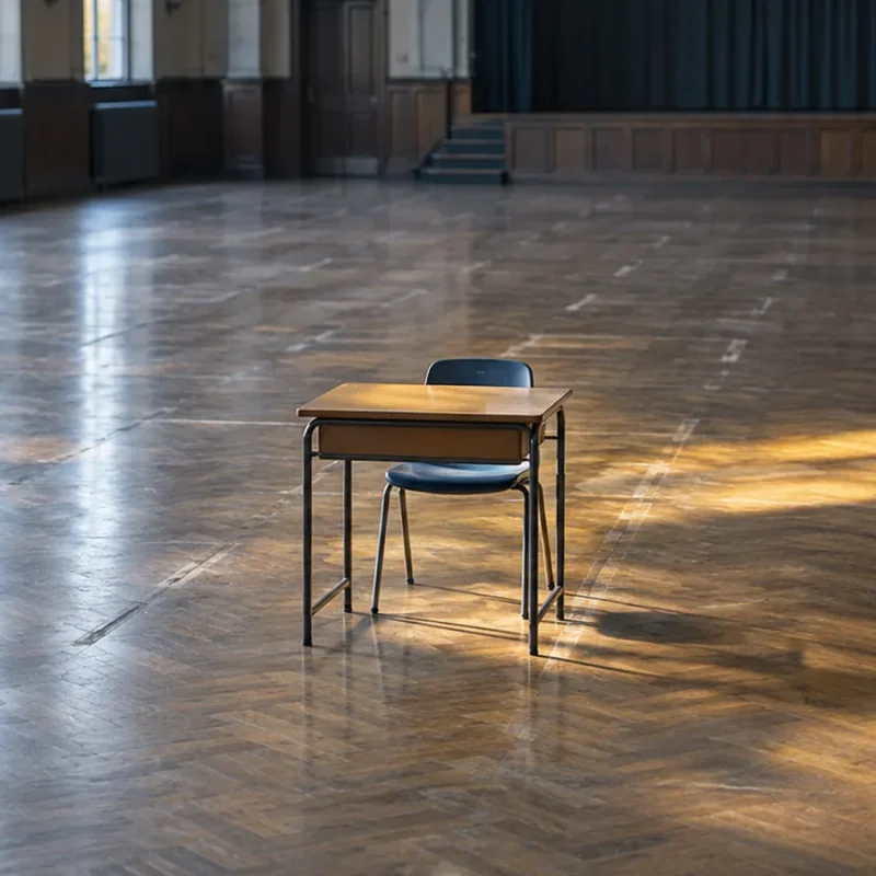 Banco di scuola singolo al centro di un'aula magna vuota