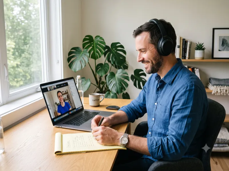 Un dipendente segue una lezione di formazione online in videochiamata con una tutor Futura
