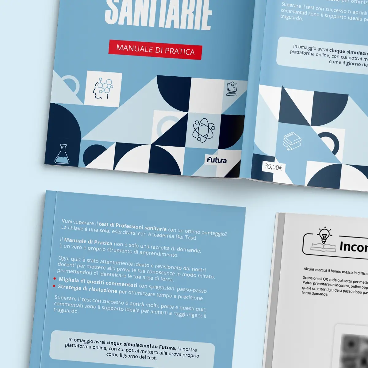 Interni e copertina del manuale di preparazione (Pratica) per il test di Professioni Sanitarie